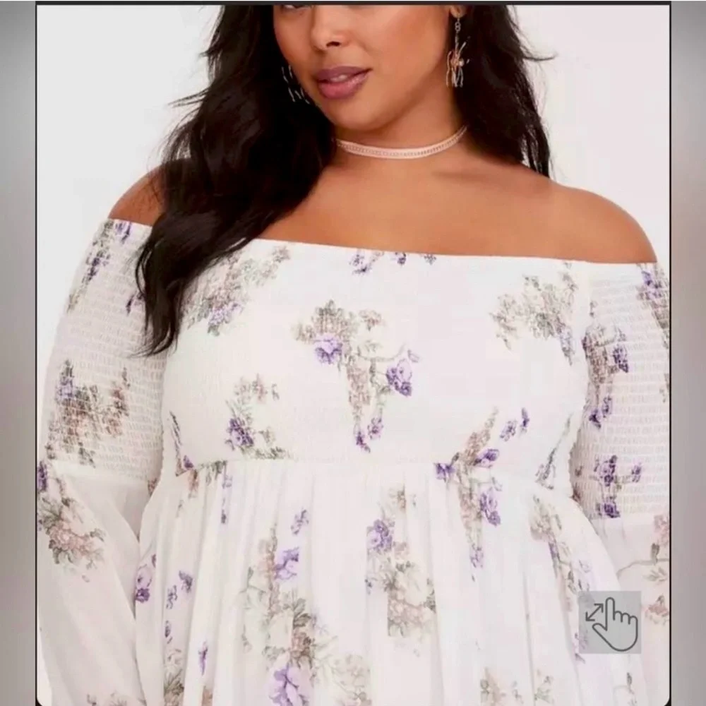 Torrid ivory and purple floral smocked chiffon off-the-shoulder dress - Picture 3 of 15